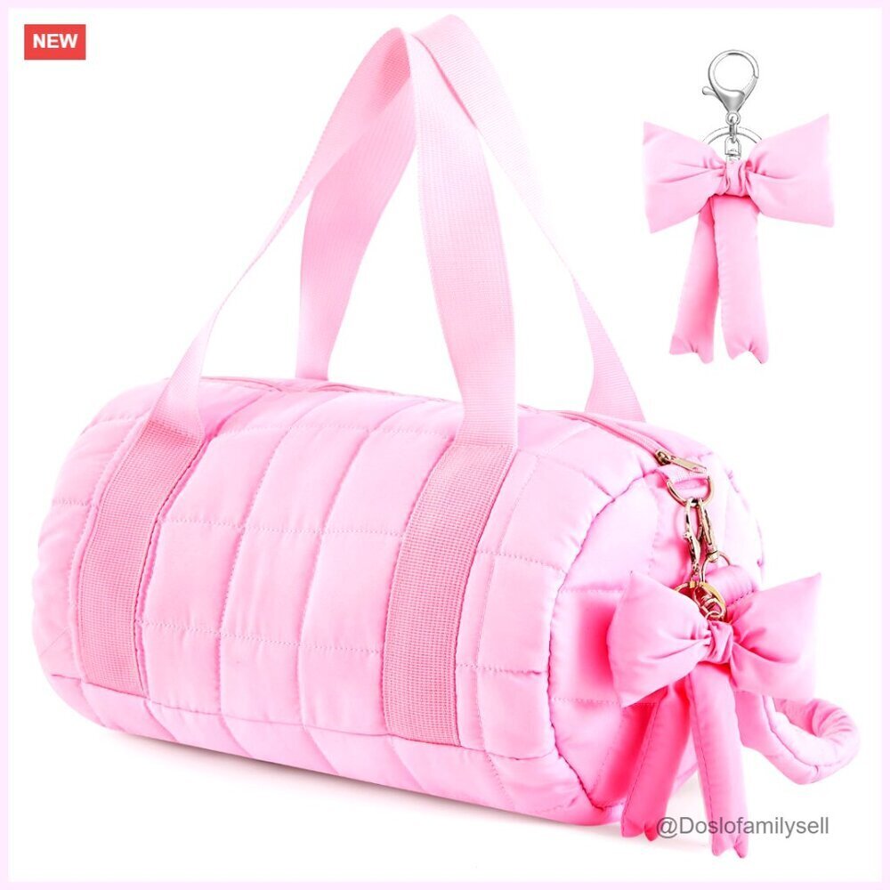 Quilted Puffer Ballet Dance Tote Bag with Hanging Bow Pendant